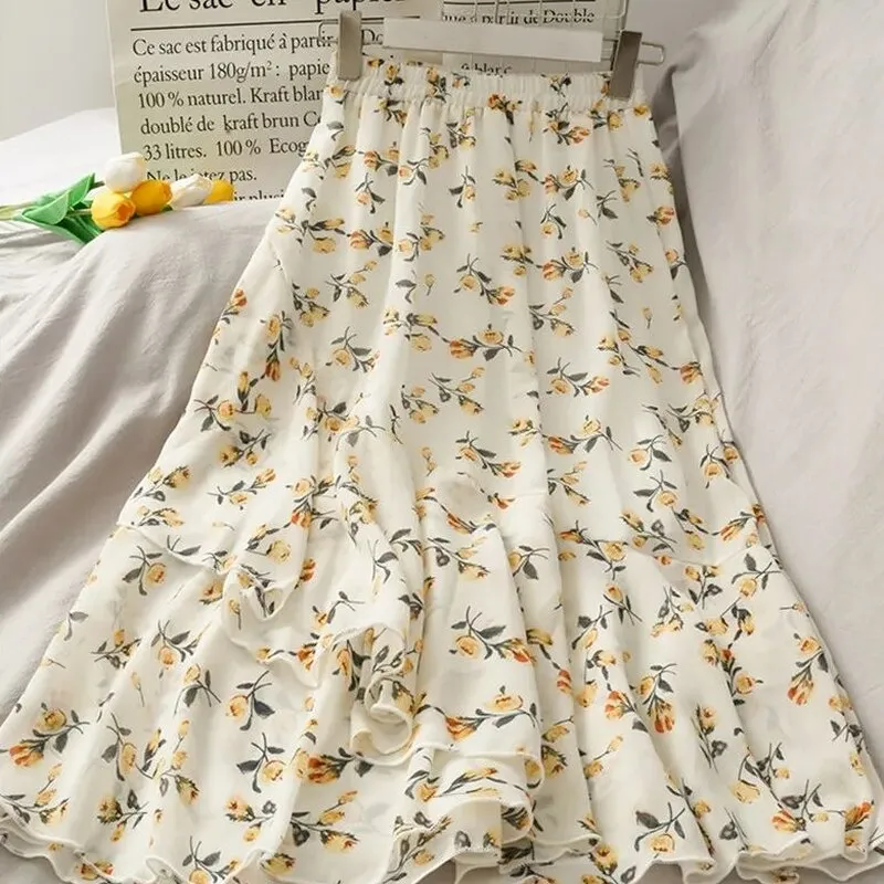 Skirts Women Summer 2021 Floral Sweet Empire Mid calf Ruffles Cozy