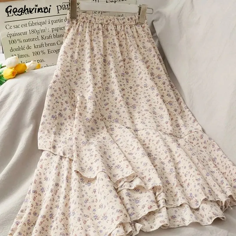 Skirts Women Summer 2021 Floral Sweet Empire Mid calf Ruffles Cozy