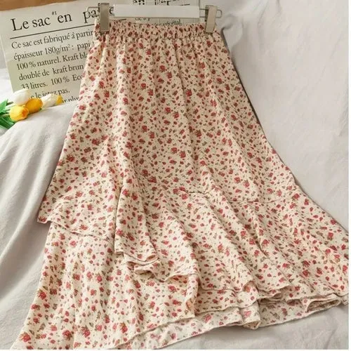 Skirts Women Summer 2021 Floral Sweet Empire Mid calf Ruffles Cozy
