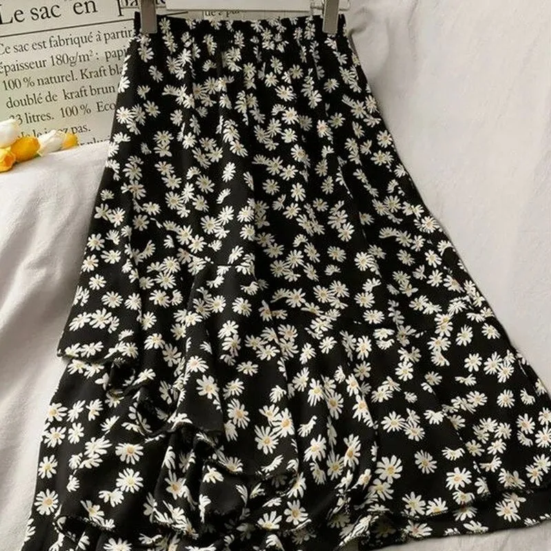 Skirts Women Summer 2021 Floral Sweet Empire Mid calf Ruffles Cozy