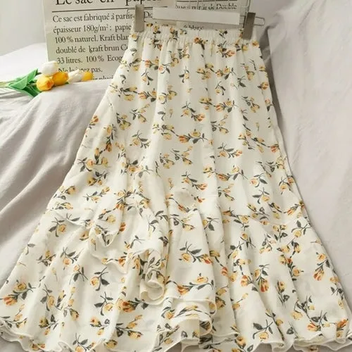 Skirts Women Summer 2021 Floral Sweet Empire Mid calf Ruffles Cozy