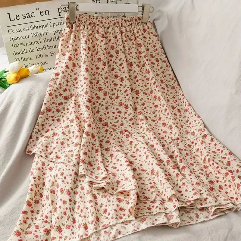 Skirts Women Summer 2021 Floral Sweet Empire Mid calf Ruffles Cozy