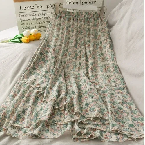 Skirts Women Summer 2021 Floral Sweet Empire Mid calf Ruffles Cozy