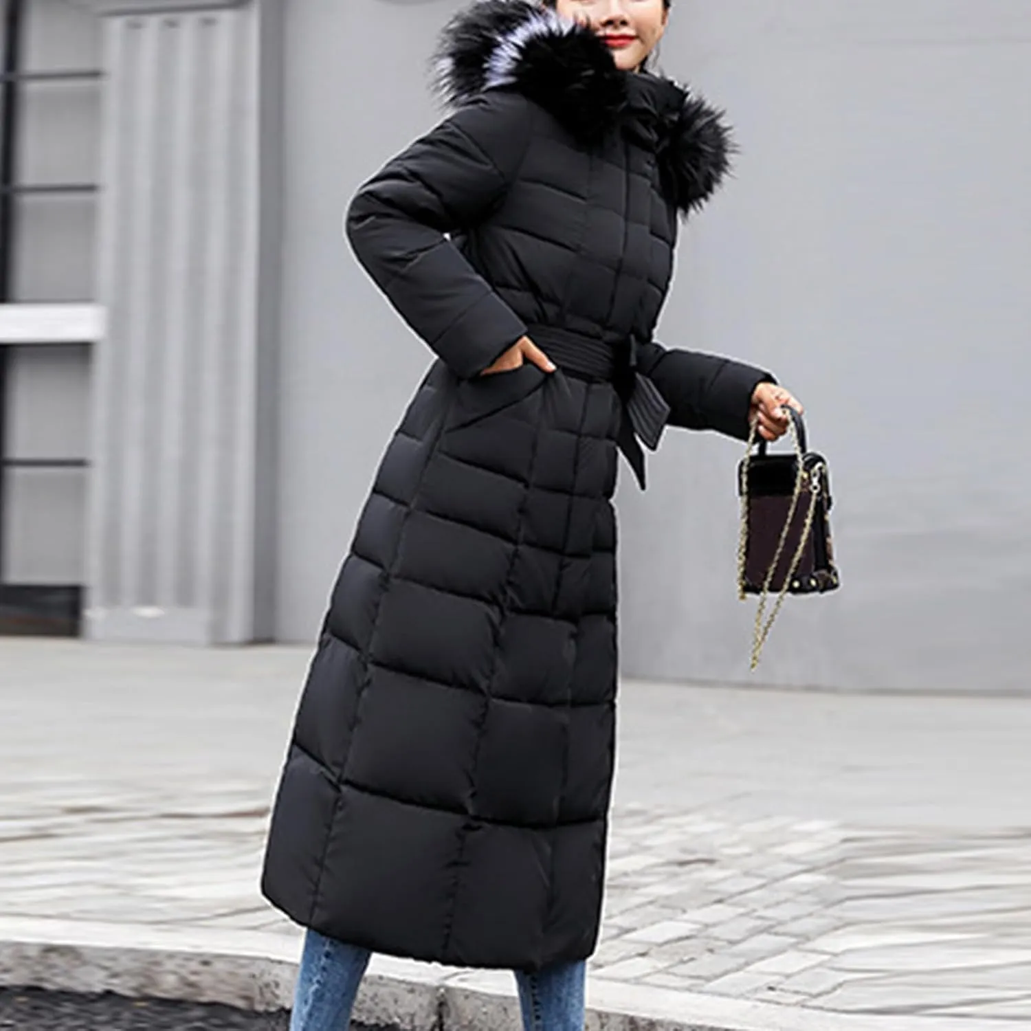 SMIDOW Womens Fashion Hooded Coat 2023 Quilted Long Puffer Jackets Waterproof Warm Winter Maxi Length Parka Coats