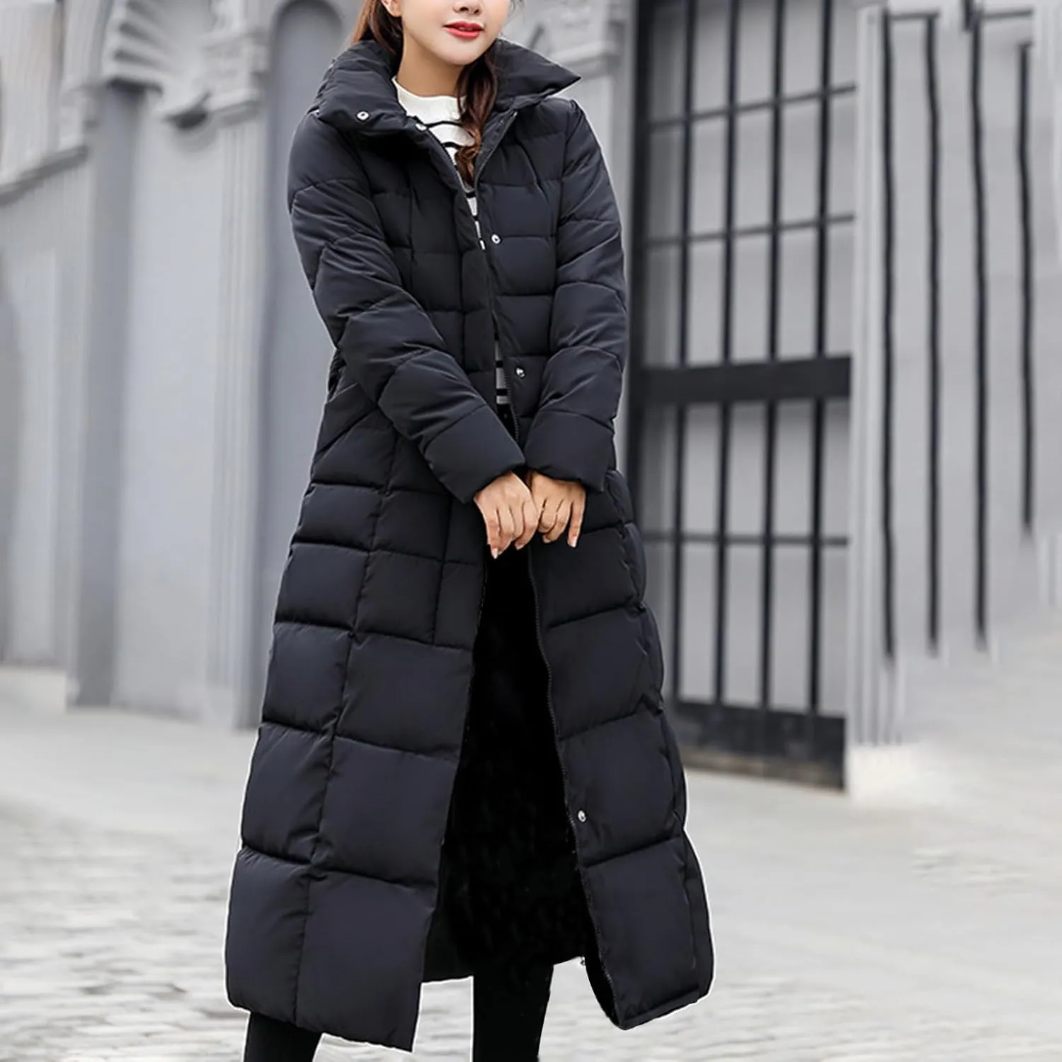 SMIDOW Womens Fashion Hooded Coat 2023 Quilted Long Puffer Jackets Waterproof Warm Winter Maxi Length Parka Coats