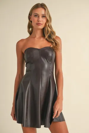 Strapless Faux Leather A-line Flared Mini Dress