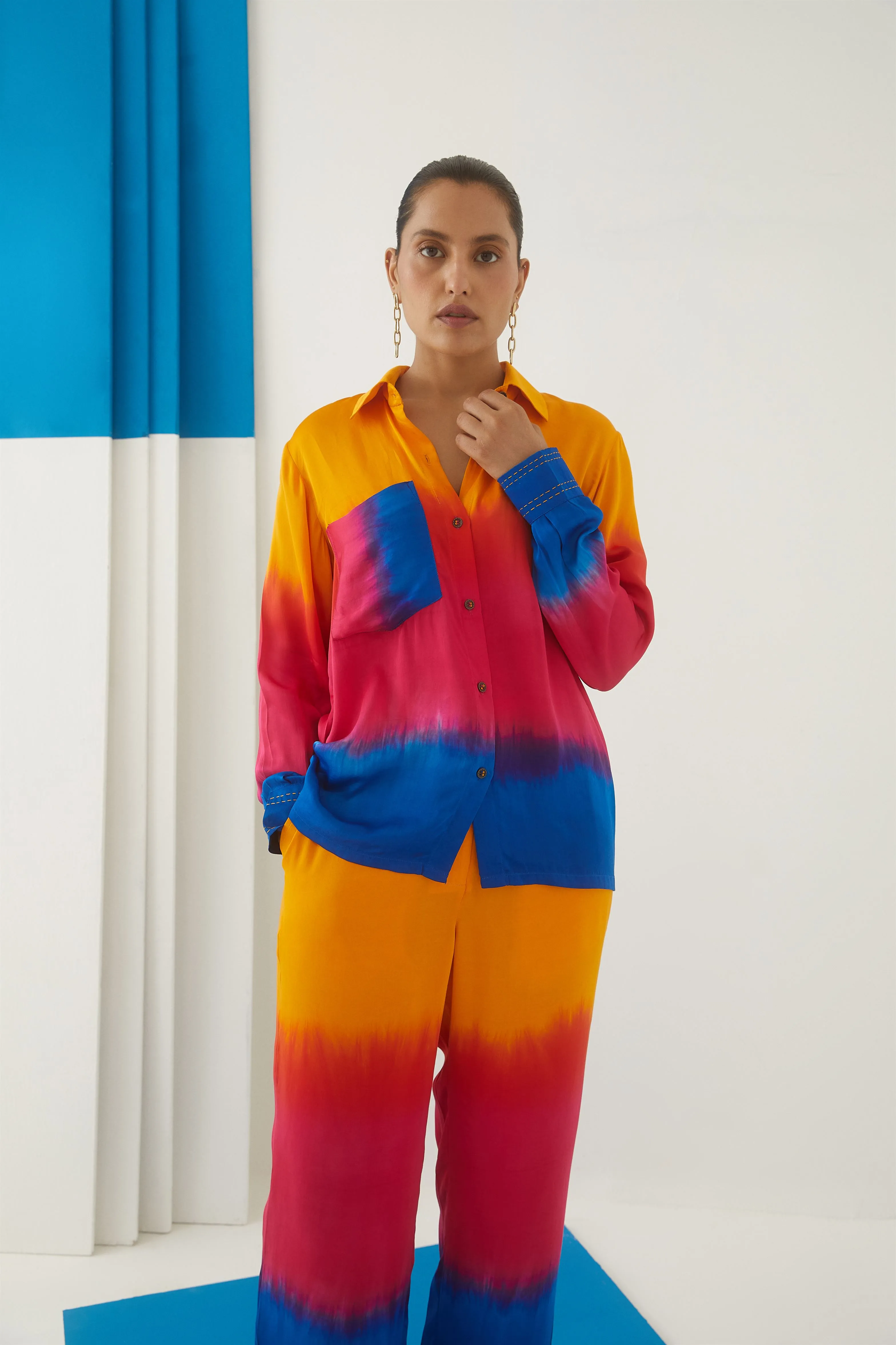 Studio Rigu St.Petersburg Sunset Shirt  Trousers 
 Beaded Buttons   Top Stitching On Cuffs, Tie Dye Vegan Silk Arcadia Collection