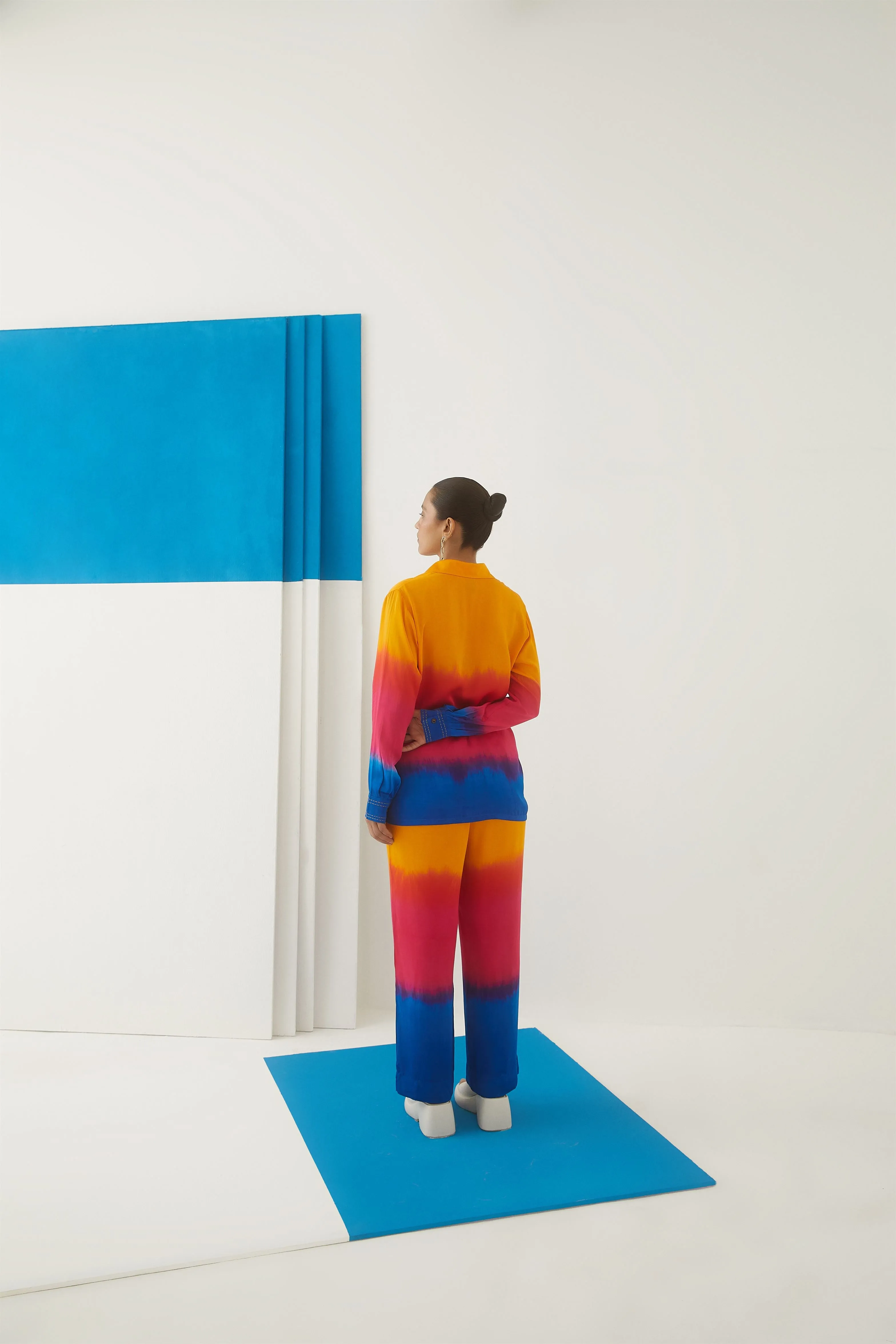 Studio Rigu St.Petersburg Sunset Shirt  Trousers 
 Beaded Buttons   Top Stitching On Cuffs, Tie Dye Vegan Silk Arcadia Collection