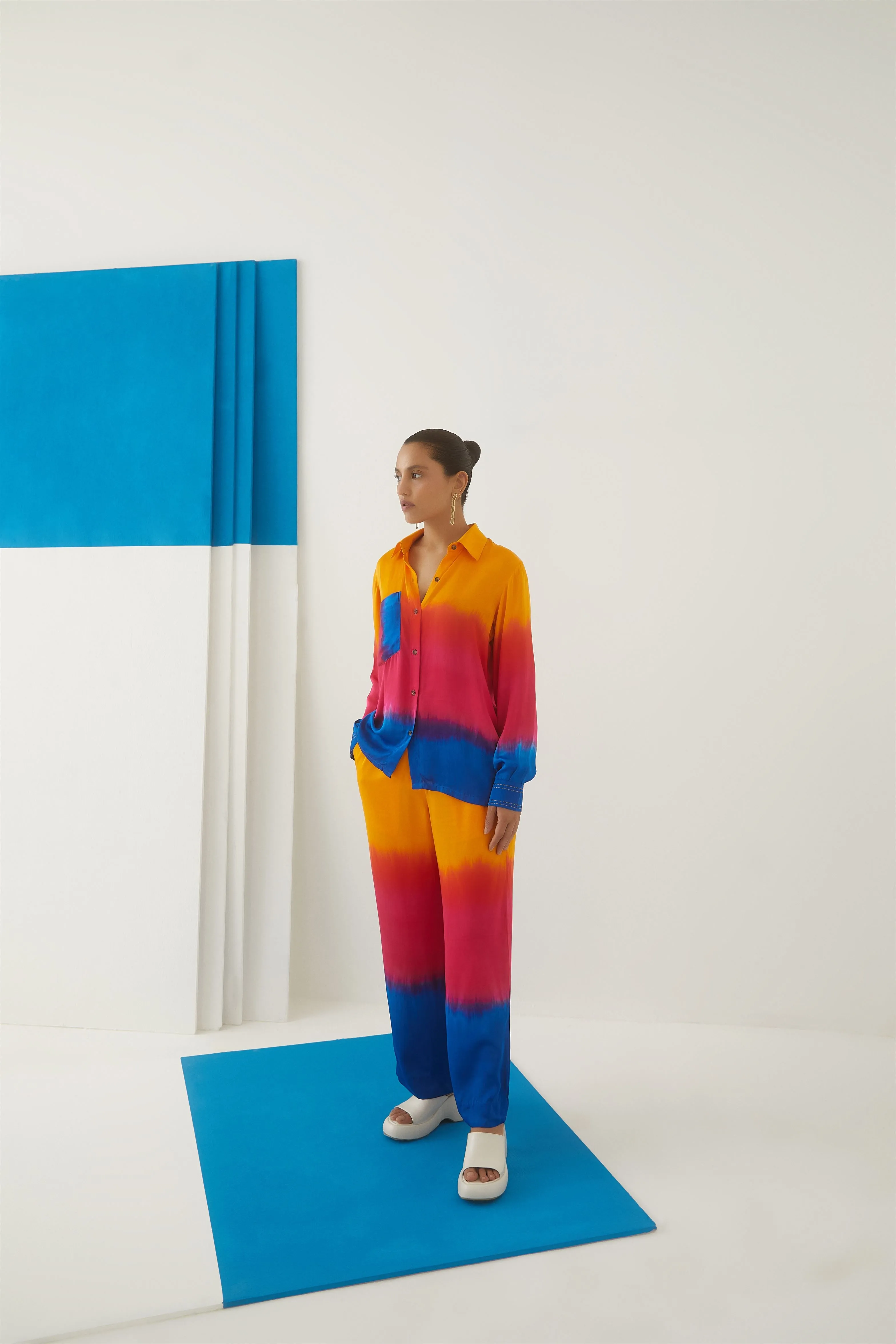 Studio Rigu St.Petersburg Sunset Shirt  Trousers 
 Beaded Buttons   Top Stitching On Cuffs, Tie Dye Vegan Silk Arcadia Collection