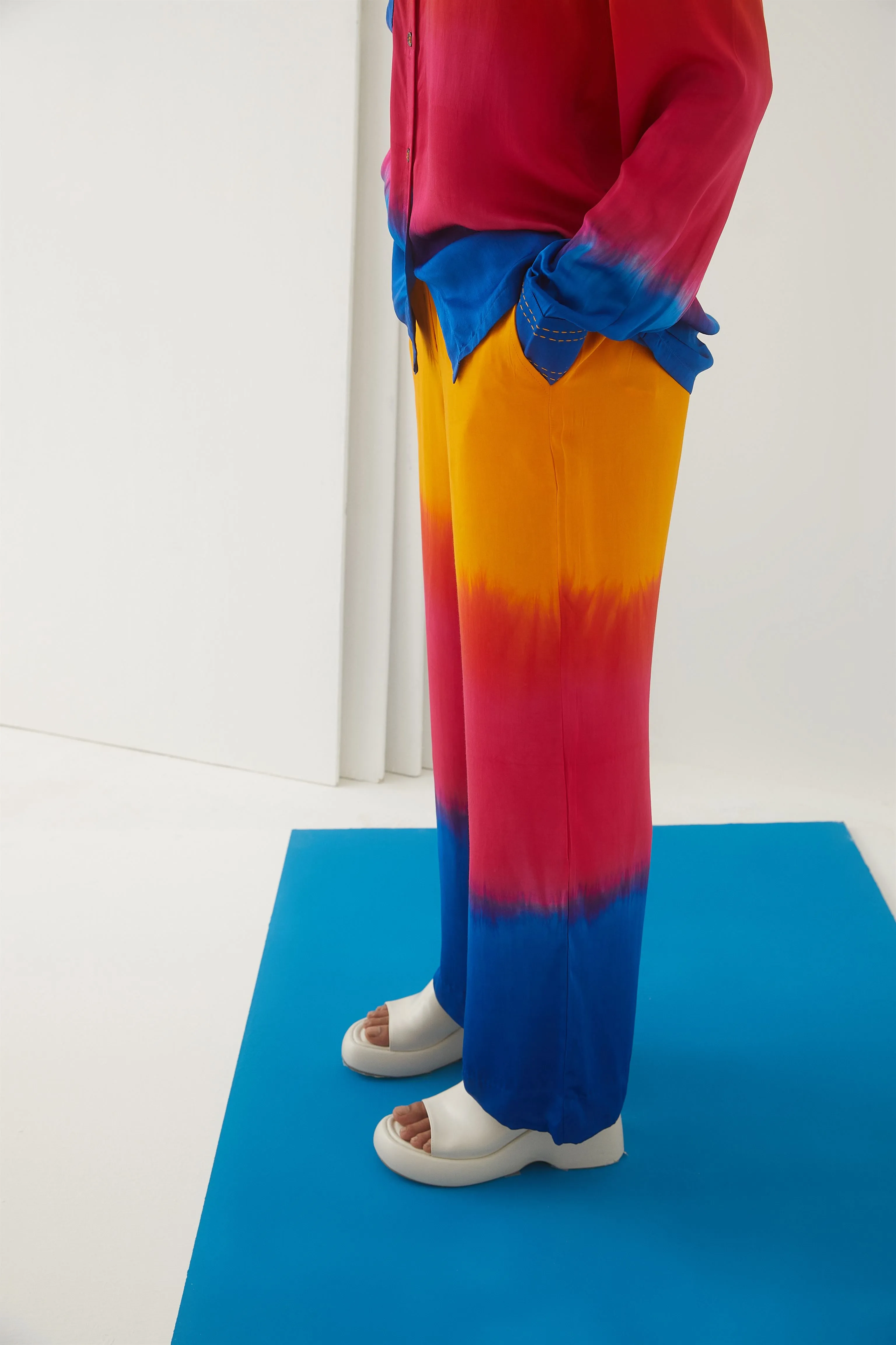 Studio Rigu St.Petersburg Sunset Shirt  Trousers 
 Beaded Buttons   Top Stitching On Cuffs, Tie Dye Vegan Silk Arcadia Collection