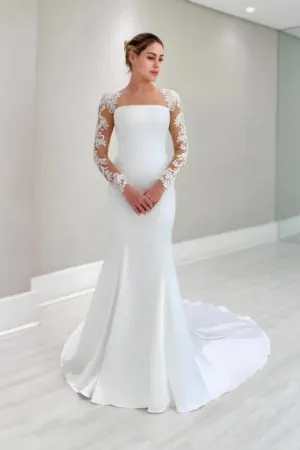 Vintage Column Satin Lace Long Sleeve White Wedding Dress With Appliques