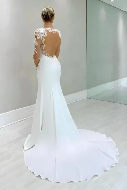 Vintage Column Satin Lace Long Sleeve White Wedding Dress With Appliques