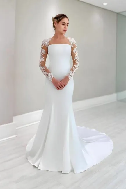 Vintage Column Satin Lace Long Sleeve White Wedding Dress With Appliques
