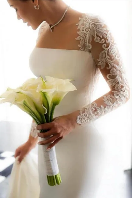 Vintage Column Satin Lace Long Sleeve White Wedding Dress With Appliques