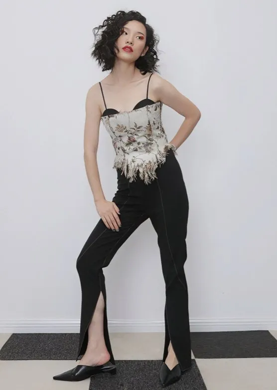 VINTAGE JACQUARD TASSEL STRAP TOPS