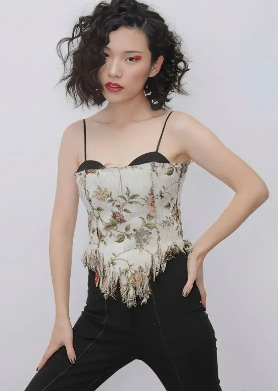 VINTAGE JACQUARD TASSEL STRAP TOPS