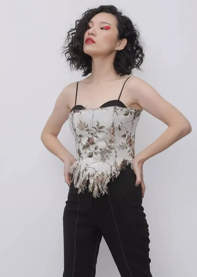 VINTAGE JACQUARD TASSEL STRAP TOPS