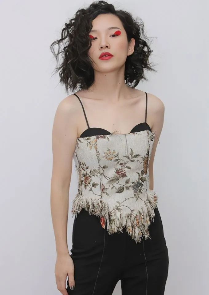 VINTAGE JACQUARD TASSEL STRAP TOPS