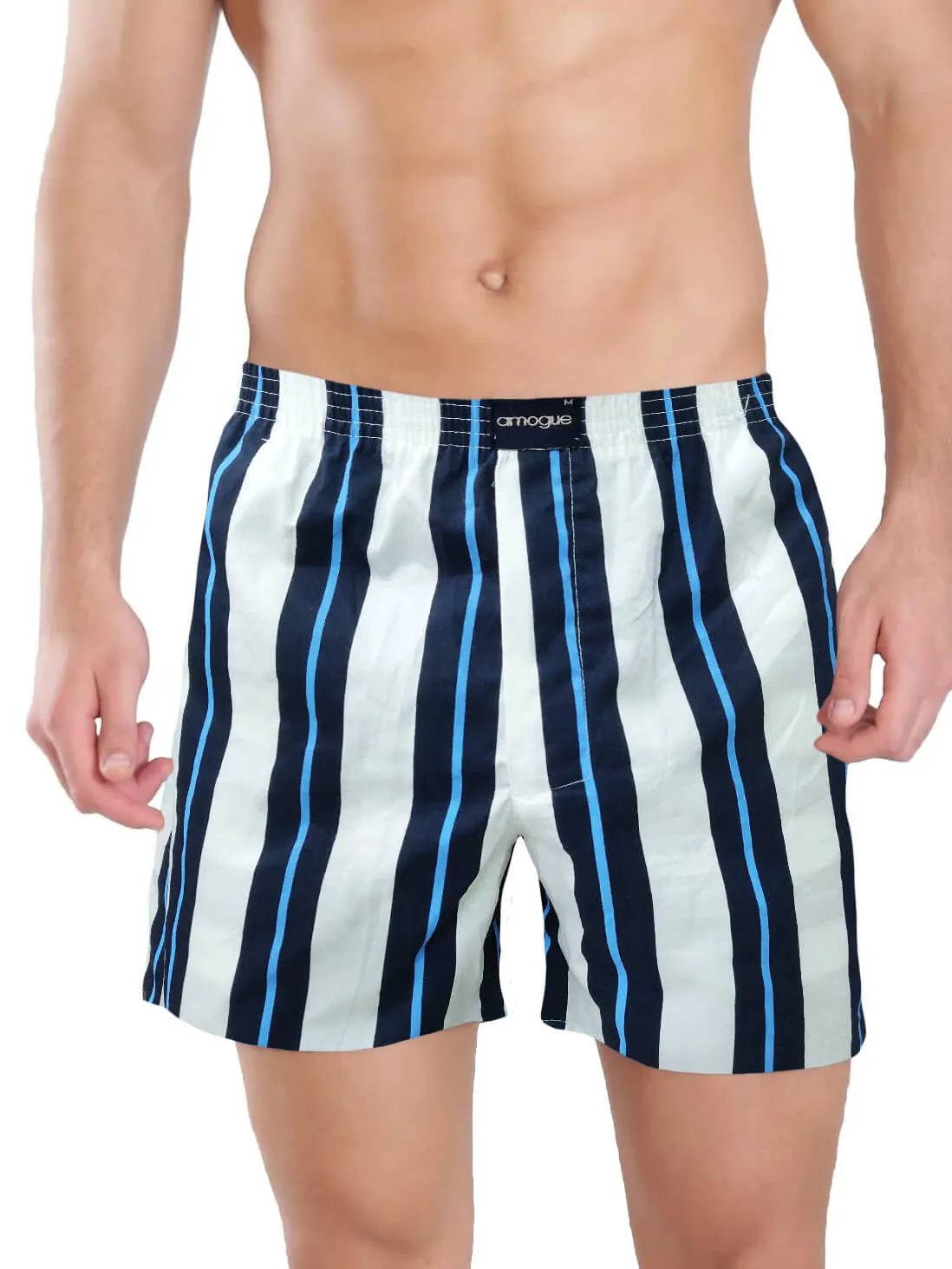 White Striped & Navy Blue Printed Men's Boxers(Pack of 2)