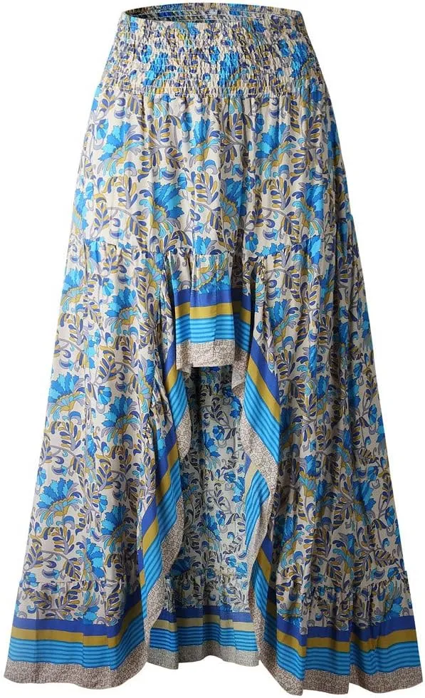 Women's Boho Elastic High Waist A Line Maxi Skirt Holiday Beach Ruffle Irregular Floral Skater Skirts