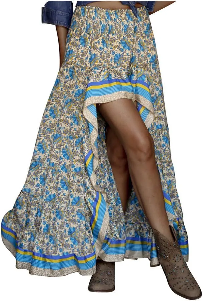 Women's Boho Elastic High Waist A Line Maxi Skirt Holiday Beach Ruffle Irregular Floral Skater Skirts