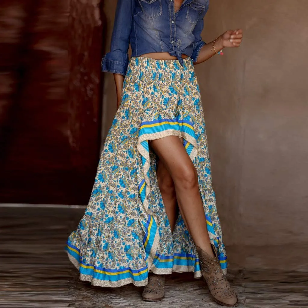 Women's Boho Elastic High Waist A Line Maxi Skirt Holiday Beach Ruffle Irregular Floral Skater Skirts