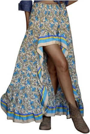 Women's Boho Elastic High Waist A Line Maxi Skirt Holiday Beach Ruffle Irregular Floral Skater Skirts
