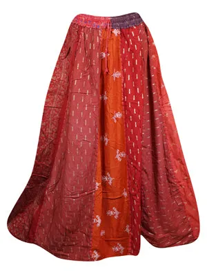 Womens Dori Patchwork Skirt, Festive Red Gold, Retro Skirts, Boho Maxi Skirts S/M/L
