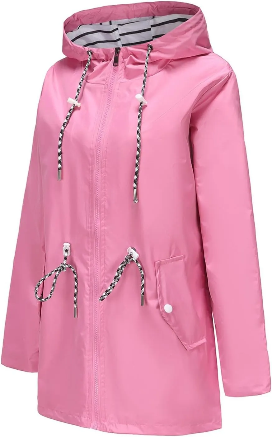 Women's Lightweight Hooded Waterproof Jacket Long Sleeve Oversized Outdoor Windbreaker Mid-Length Hooded Rain Coat