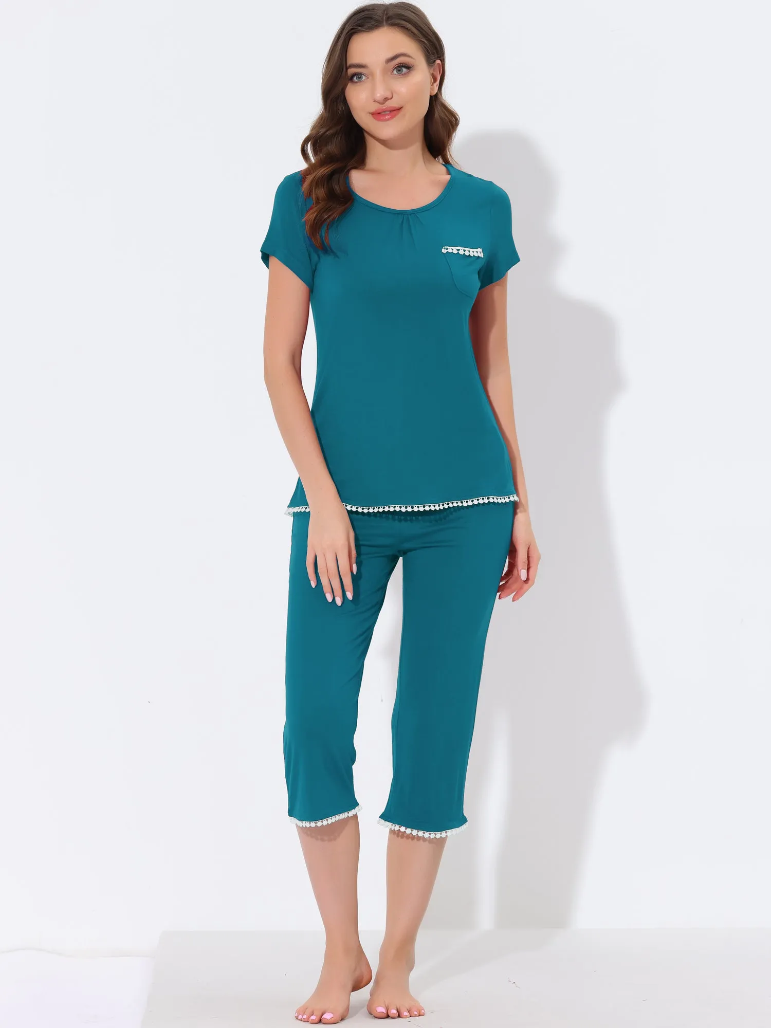 Women's Lounge Sleepwear Pajama Round Neck Capri Nightwear Casual Sets