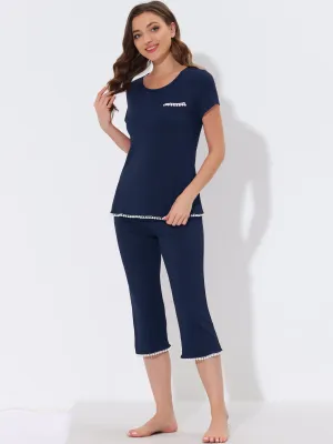 Women's Lounge Sleepwear Pajama Round Neck Capri Nightwear Casual Sets