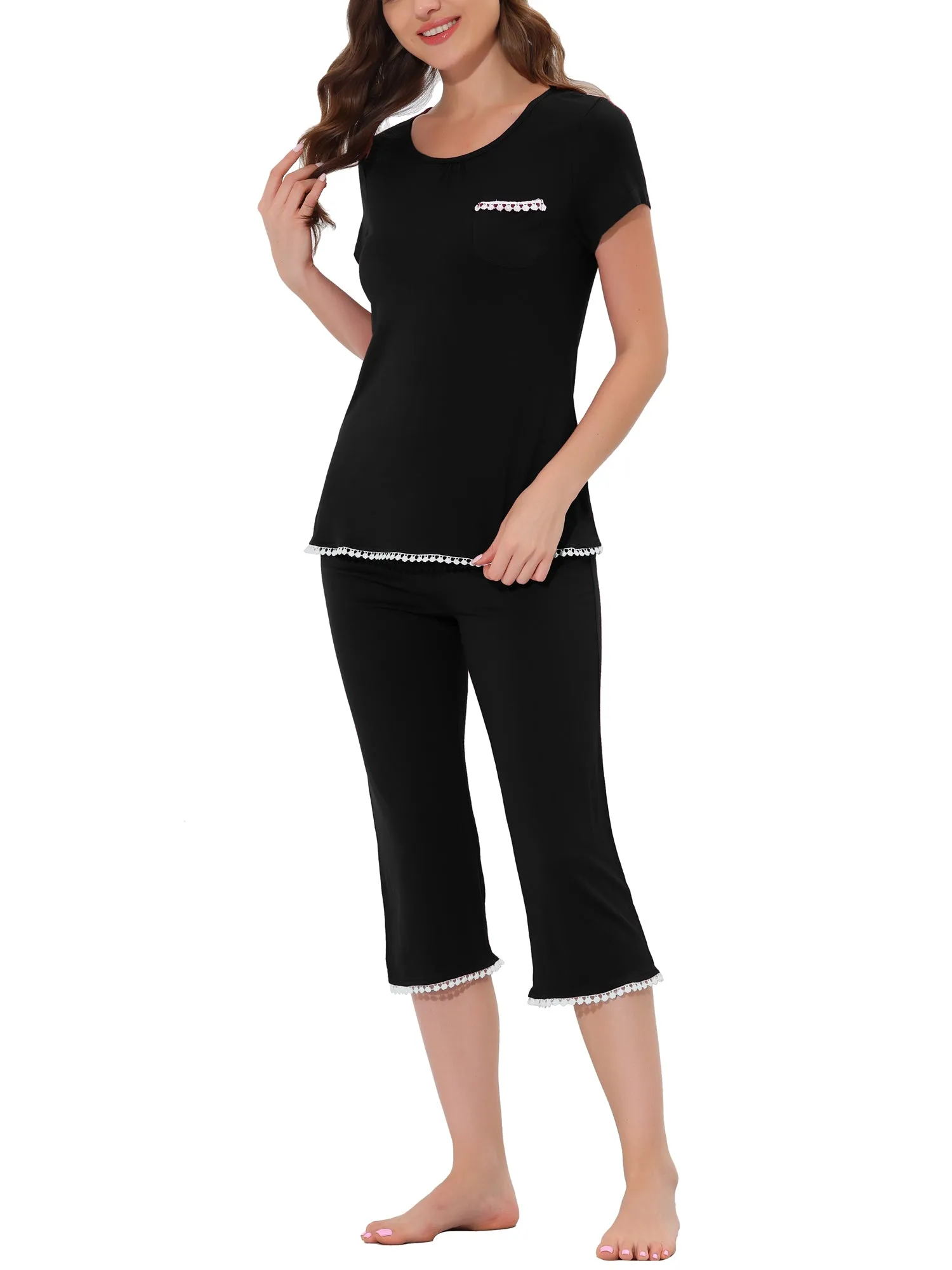 Women's Lounge Sleepwear Pajama Round Neck Capri Nightwear Casual Sets
