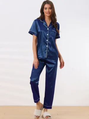 Womens Sleepwear Buton Down with Pants Nightwear Lounge 2pcs Pajama Set