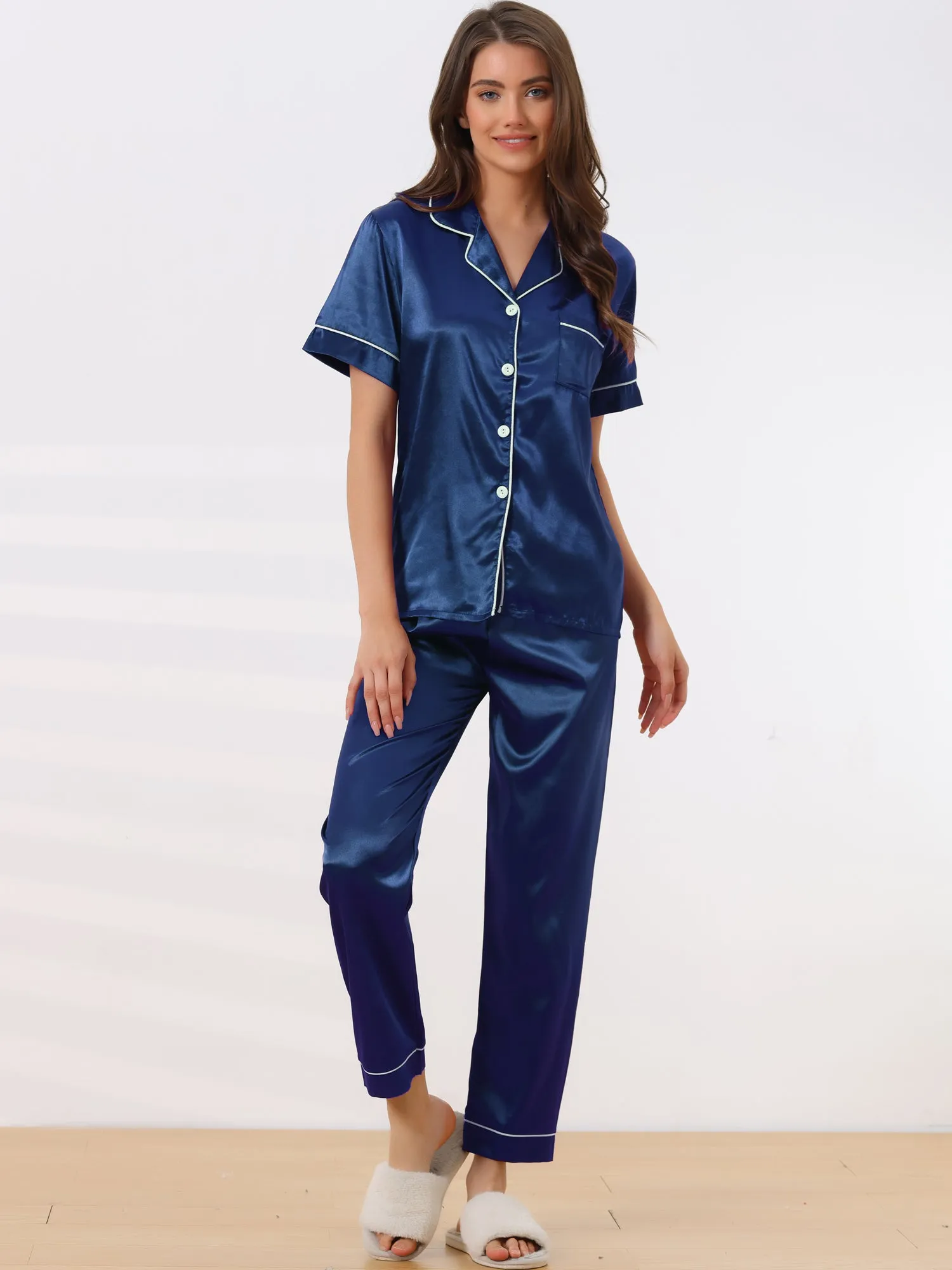 Womens Sleepwear Buton Down with Pants Nightwear Lounge 2pcs Pajama Set