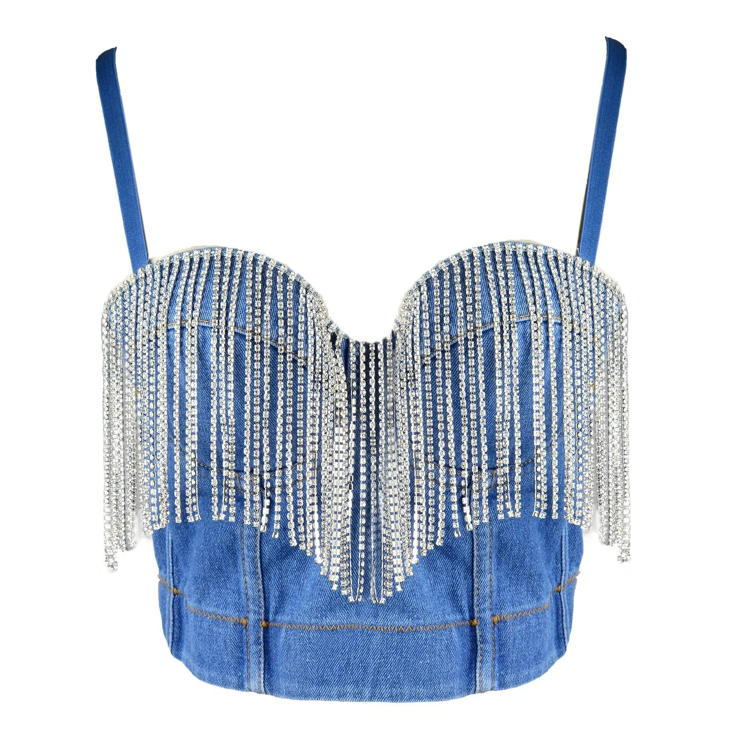 Women's Tassel Rhinestone Deium Bustier Crop Top Jean Corset Top Bra Blue