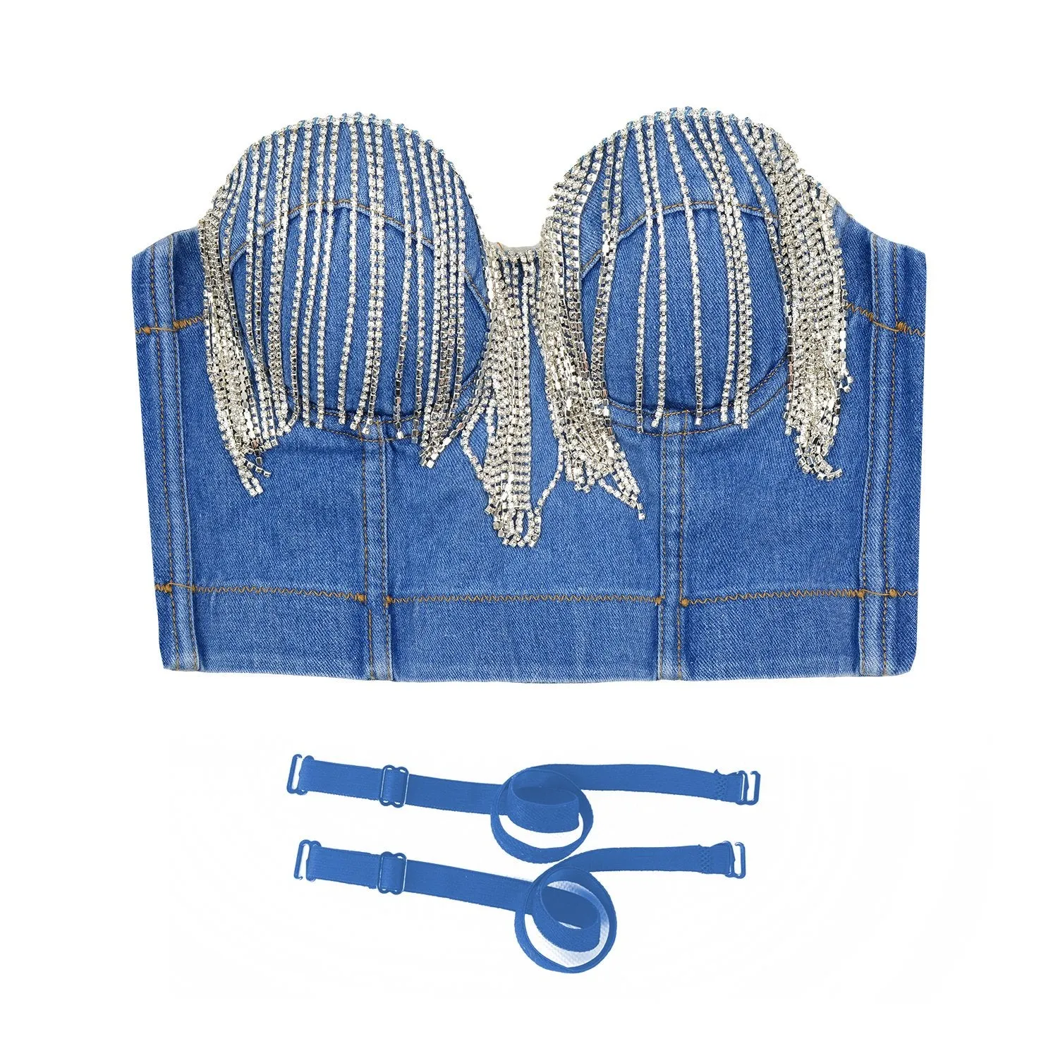 Women's Tassel Rhinestone Deium Bustier Crop Top Jean Corset Top Bra Blue