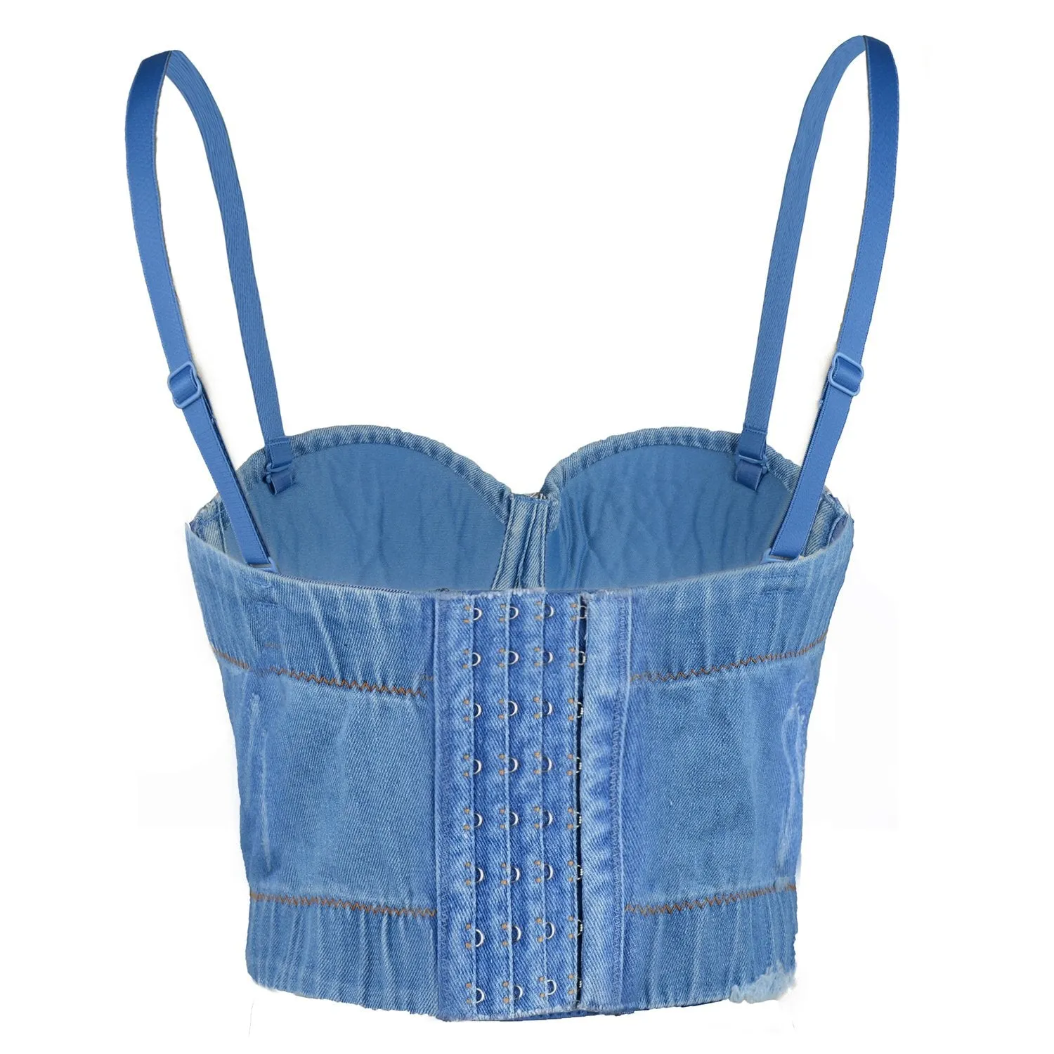 Women's Tassel Rhinestone Deium Bustier Crop Top Jean Corset Top Bra Blue