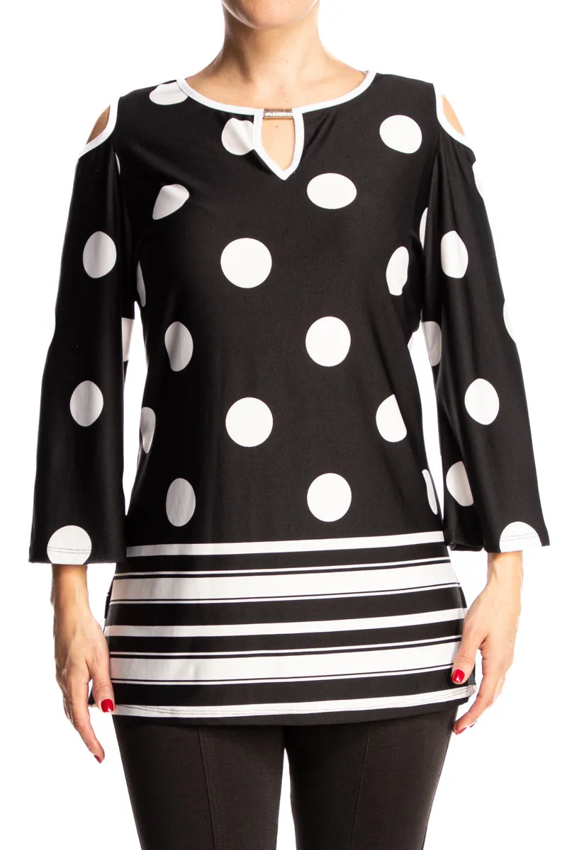 Women's Tunic Top Travel Friendly Black and White Quality Stretch Fabric Flattering Fit Now On Sale Sizes S-XLARGE Quality Made in Canada Yvonne Marie Boutiques